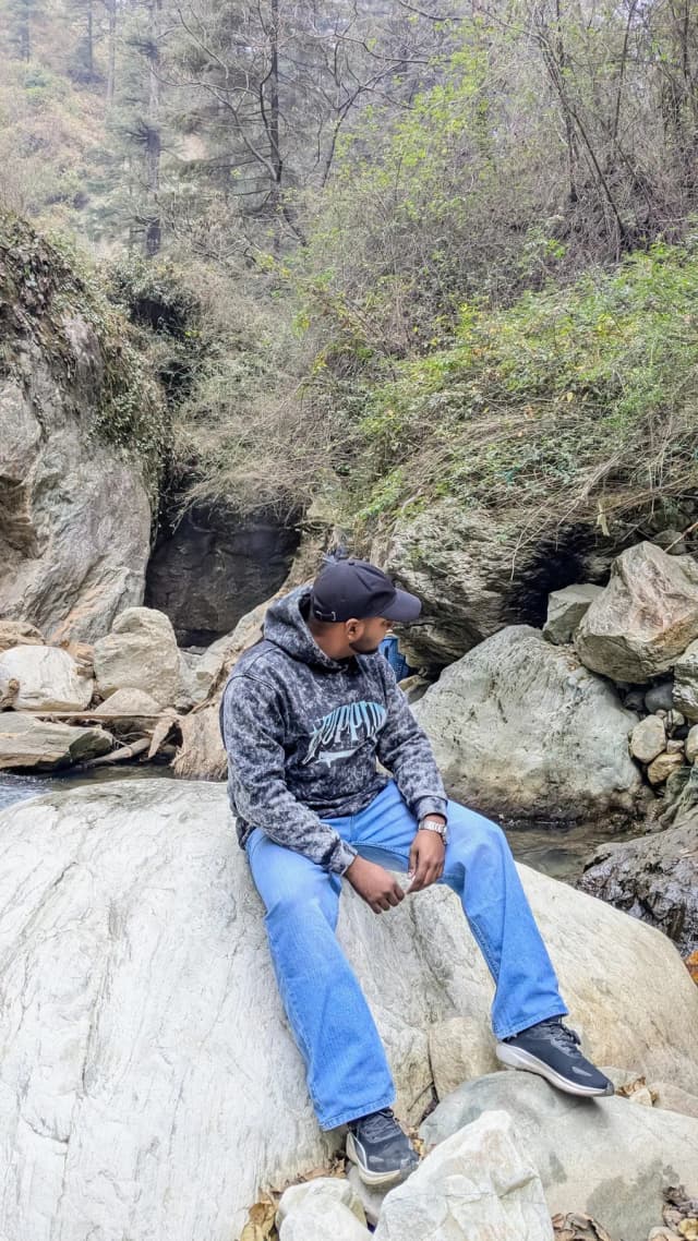 Sitting on the rocks beside a forest stream