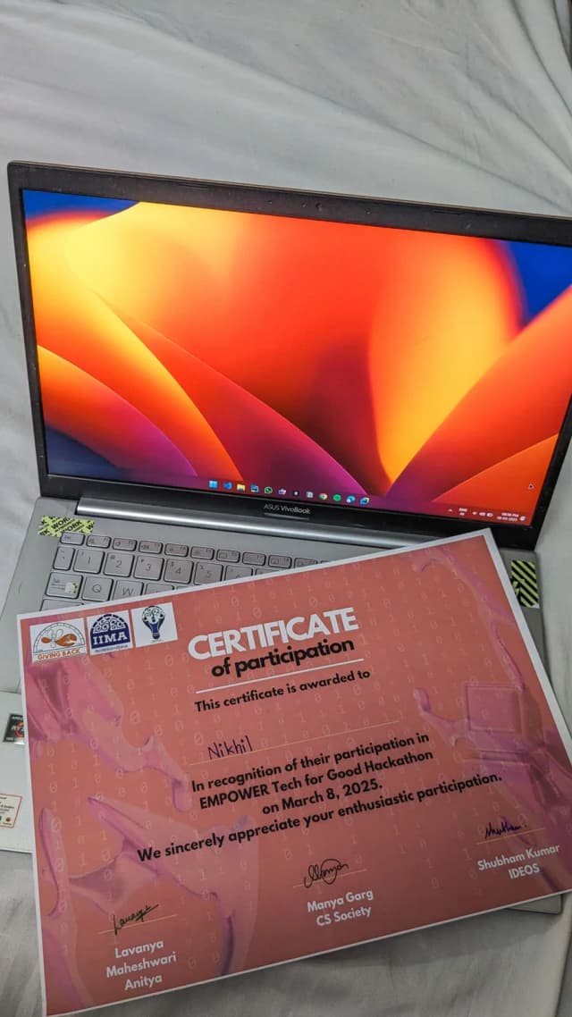Certificate from the EMPOWER Tech for Good hackathon at IIM Ahmedabad